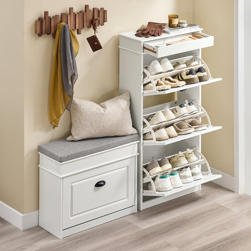 Moriah 12 Pair Shoe Storage Cabinet, White Vintage Wood Grain Effect/Black