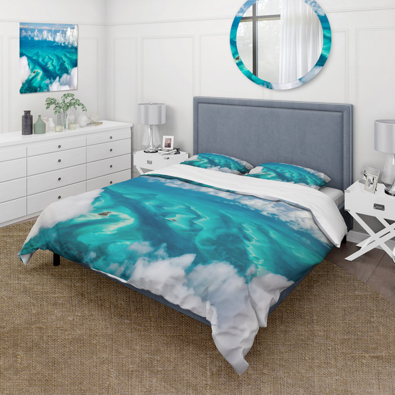 Turquoise/White Microfiber Duvet Cover Set, King Duvet Cover + 2 King Shams