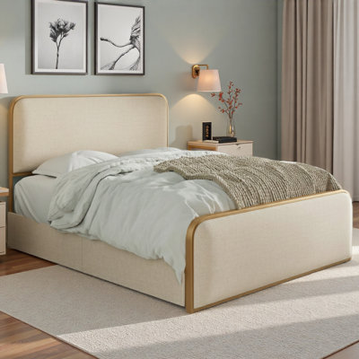Lit moderne en métal avec tête de lit tapissier courbée et rangement sous le lit