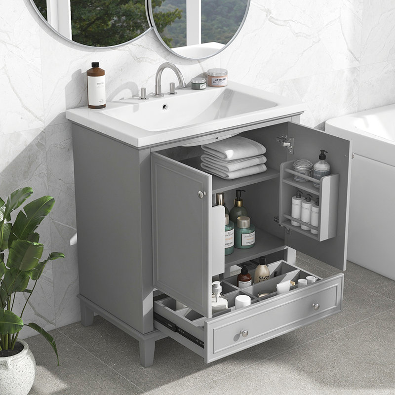 Meuble-lavabo simple avec plateau en bois massif 30,01 po Raheesh, Gris