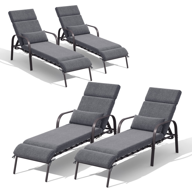 Outdoor Powder Coated Steel Chaise Lounge  With Cushions, Dark Gray
