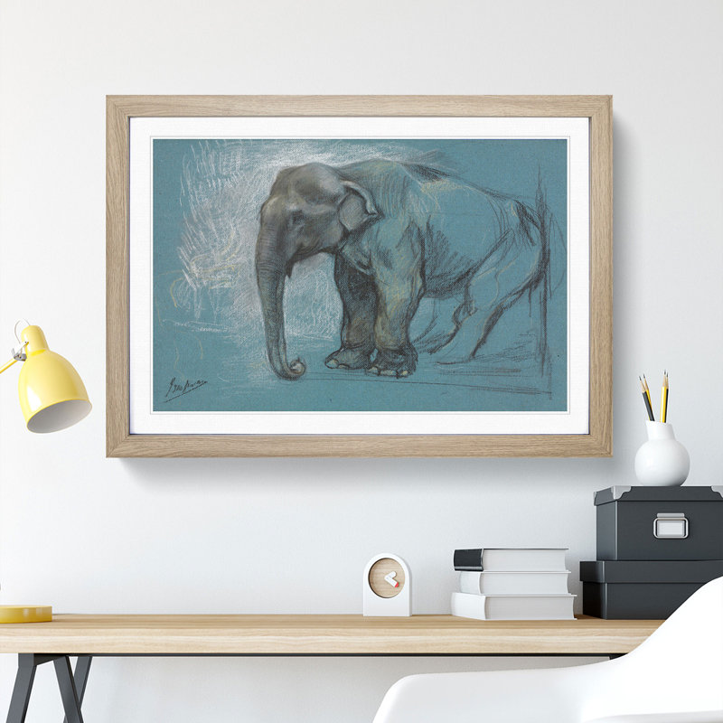 Study of an Elephant by John Macallan Swan - Picture Frame Painting, 48cm H x 65cm W x 2cm D, Oak Framed