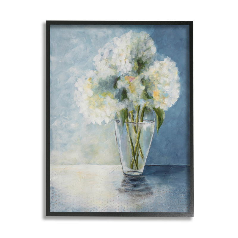 Illustration de vase de table en verre d'hortensias blancs par Doris Charest - Peinture, H 20 po x l 16 po x P 1,5 po