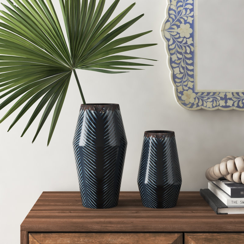 Dark Blue Chevron Ceramic Table Vase Set, 2-Piece