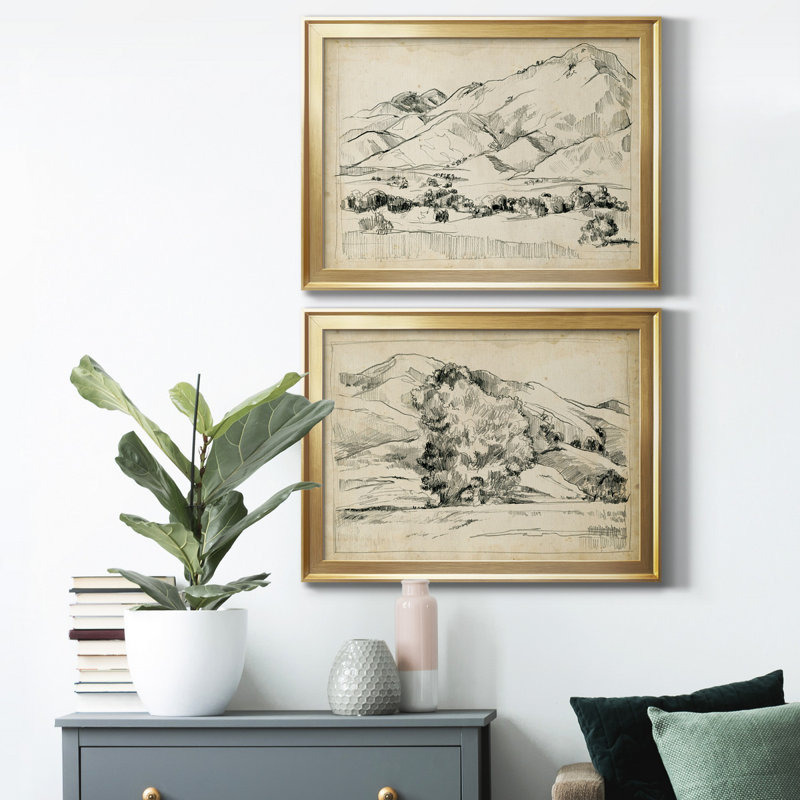 Montagne croquis I - ensemble de 2 reproductions de cadres photo, Papier doré, H 30,5 po x l 45 po x P 1 po