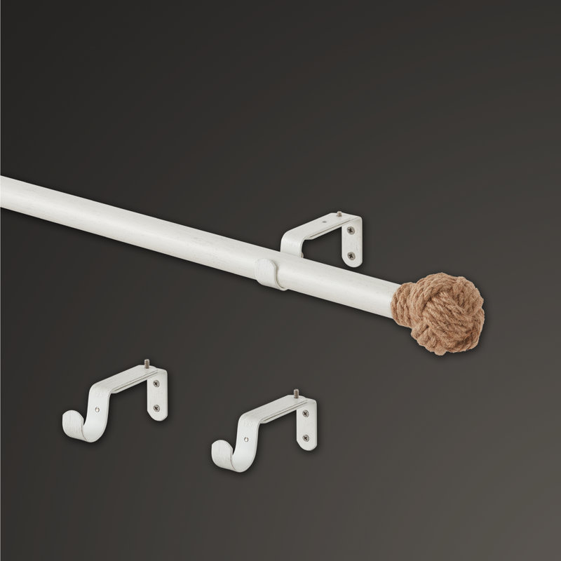 Ensemble de tringle à rideaux 1 1/8 po de diamètre Mode Coastal Collection avec faiteaux en jute côtière et support mural réglable en acier, blanc vieilli