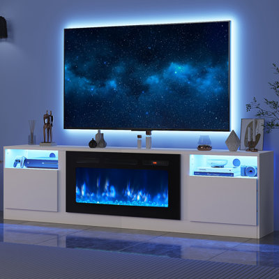 Meuble télé 80 po avec foyer électrique pour téléviseur de 90 po ou moins Kenndy, lumières DEL, armoires de rangement et tablettes