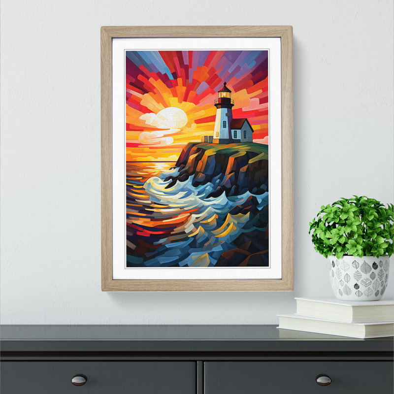 XYZ-FRM-V1223-4188 Lighthouse Cubism - Single Picture Frame Print on Wood, 34cm H x 25cm W x 2cm D, Oak