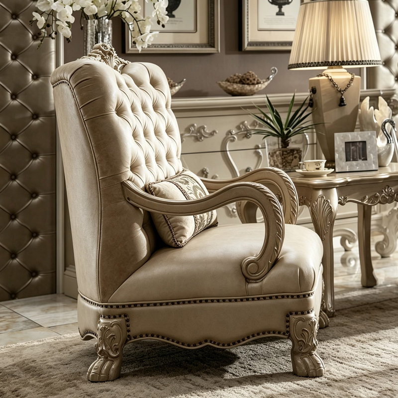 Fauteuil d'appoint vintage orné en bois massif sculpté, fauteuil ancien champagne à dossier haut avec capitonnage à boutons et garniture cloutée