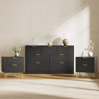 3PCS Dresser And Nightstand Sets For Bedroom, 55" Wide Fluted 7 Drawer Dresser & Nightstand Set Of 2
