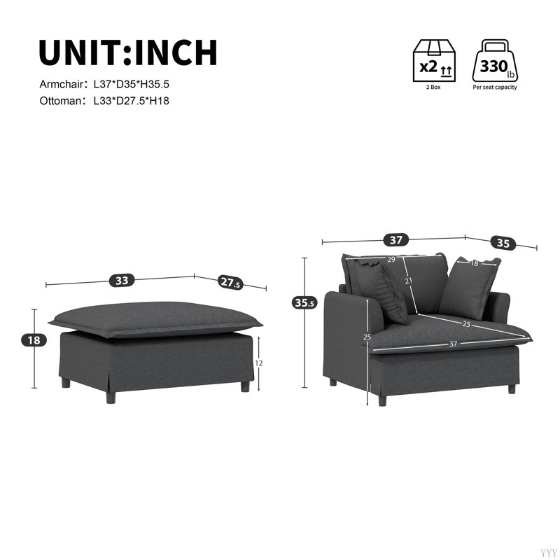 Chaise longue surdimensionnée intérieure, canapé-lit simple en chenille avec siège large, fauteuil rembourré avec repose-pieds et repose-pieds mobile, ensemble de canapé-lit pour le salon, la chambre à coucher, 2 couleurs