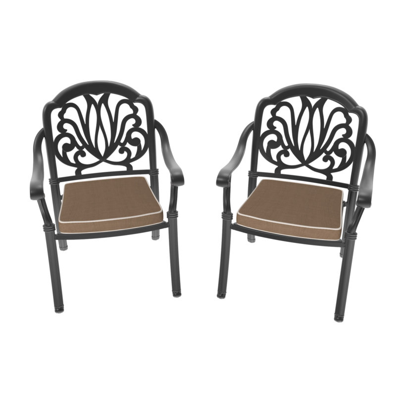 Chaise de patio en fonte d'aluminium 2 pièces avec structure noire et coussins bruns