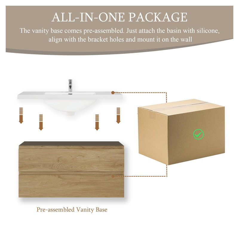 Meuble-lavabo mural 42 po avec plateau à surface solide et finition en chêne naturel avec tiroirs à fermeture en douceur 42 po