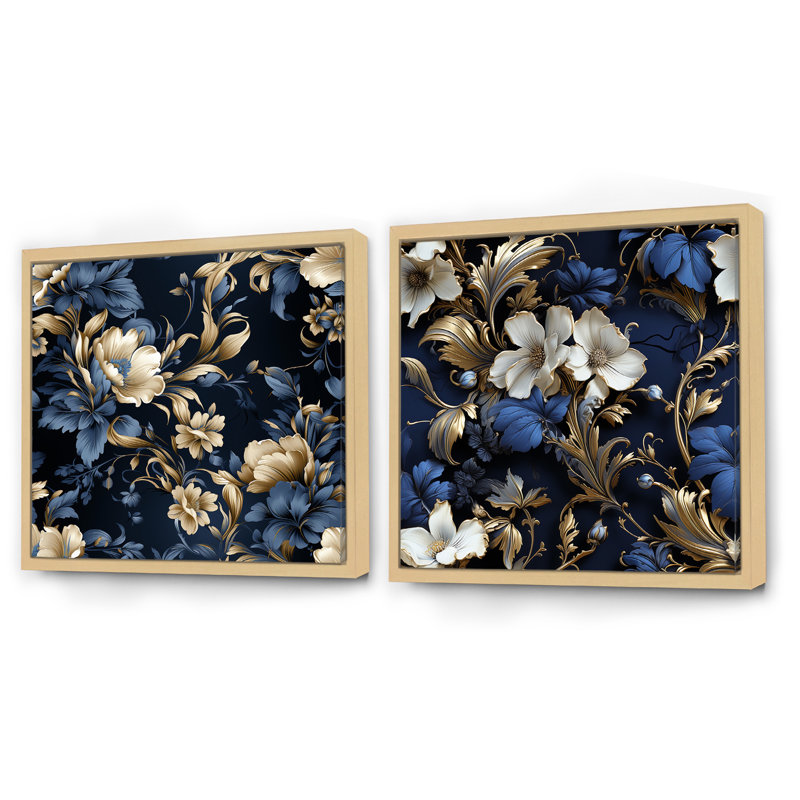Ensemble de 2 victoriennes bleu cobalt doré à motif floral carré, Cadre flottant brun, H 36 po x l 73 po