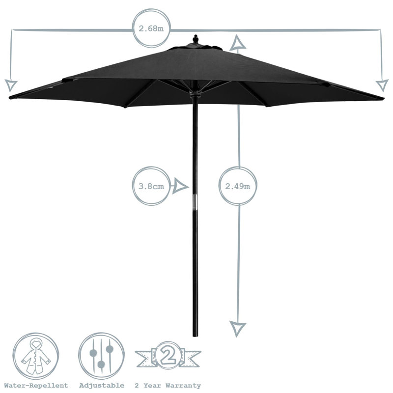 Wooden Garden Parasol & Base - 2.7m, Black, Black