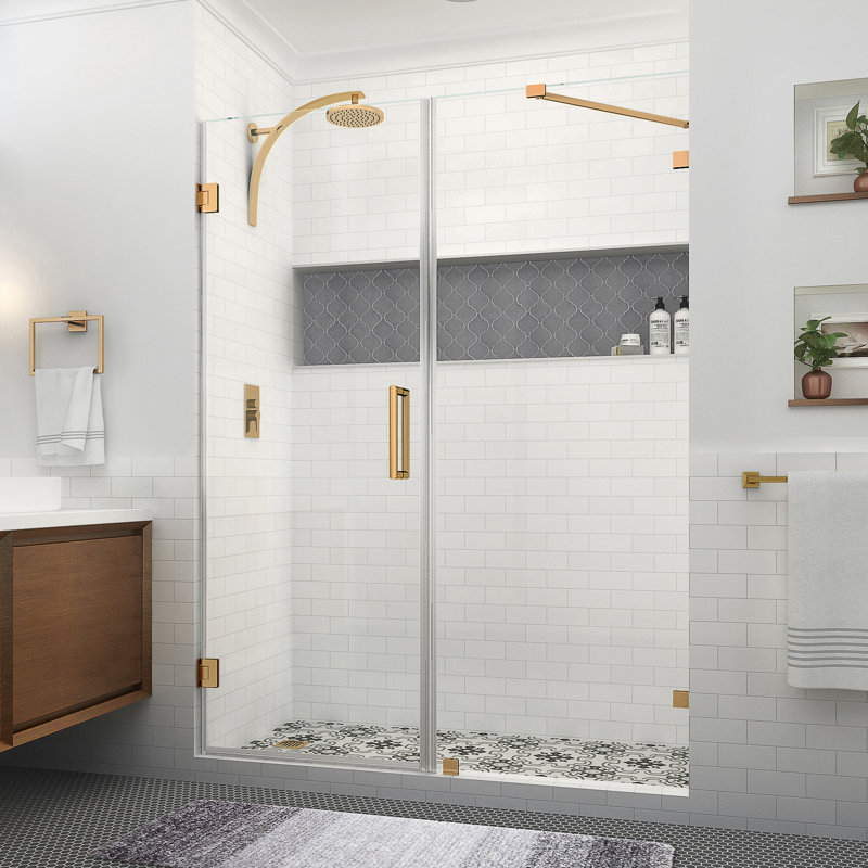 Nautis XL 64.25 in. to 65.25 in. W x 80 in. H Hinged Frameless Shower Door w/Clear StarCast Glass, Brushed Gold