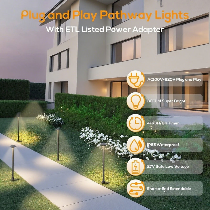 Éclairage de sentier basse tension avec minuterie, éclairage de paysage à brancher IP65, homologué ETL, DEL blanc chaud 3000K, ensemble de 4 lumières de jardin non câblées faciles à installer