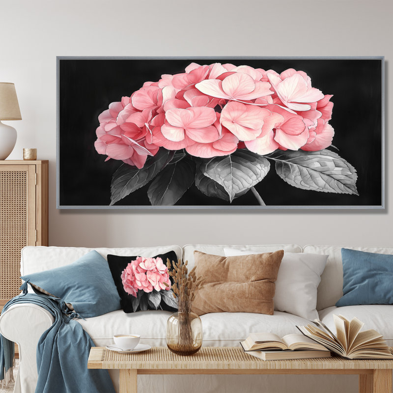 Hortensias avec une douce floraison de roses I - impressions sur toile d'hortensias, 30" H x 40" W, Picture Frame Print