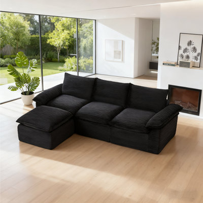 Boneless 111" Wide L-Shaped Corduroy Modular Sectional Sofa With Ottoman, No Assembly Needed