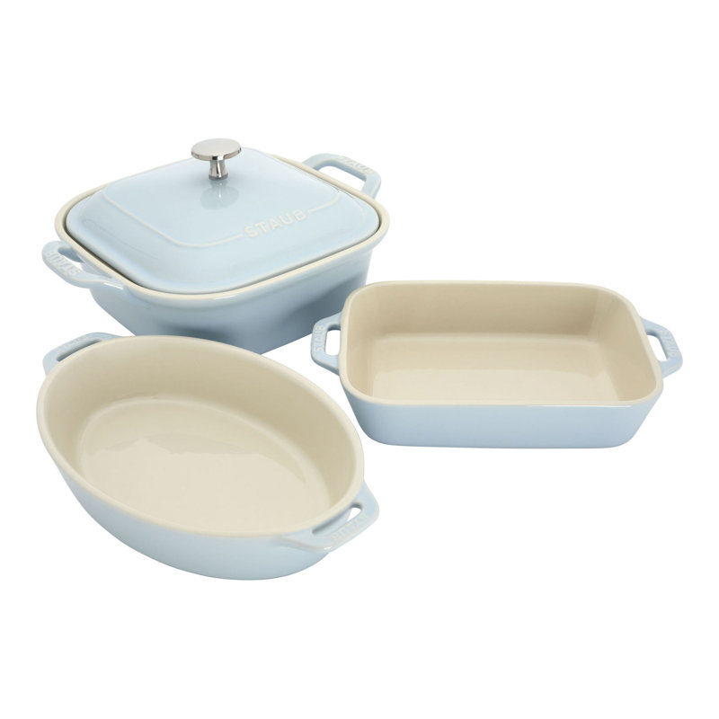 Staub Ceramic 4-Pc Baking Pans Set, Casserole Dish With Lid, Brownie Pan, Citron, Light Blue
