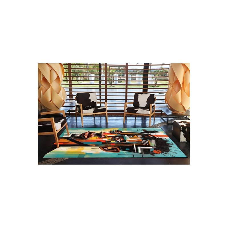 Colourful Angry Man Motif Geometric Patterned Woven Base Machine Washable Rug, Runner 4'11" x 9'10" Rug Pad Included