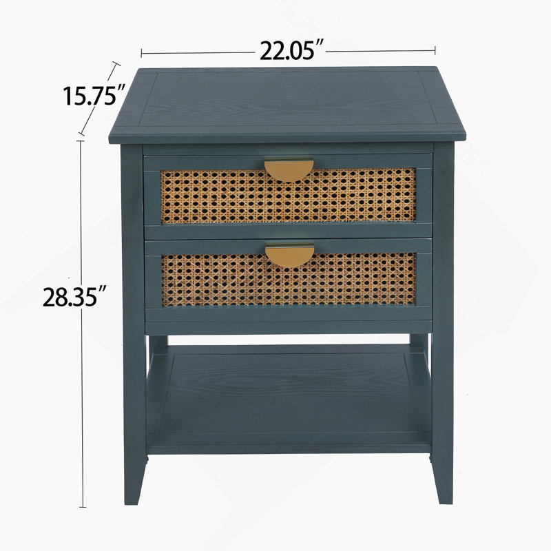 2 Drawer Side table,Naturel Rattan,End table,Side table,End table,Nightstand, Green