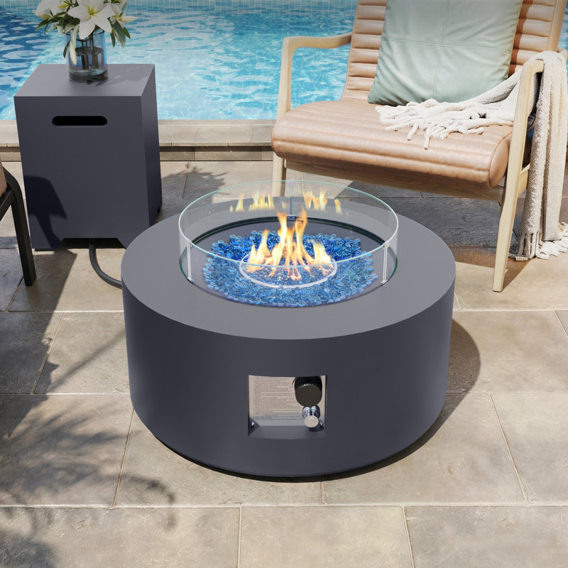  Foyer de table rond en fer de 28 pouces avec couvercle de réservoir et pare-vent, Gris foncé
