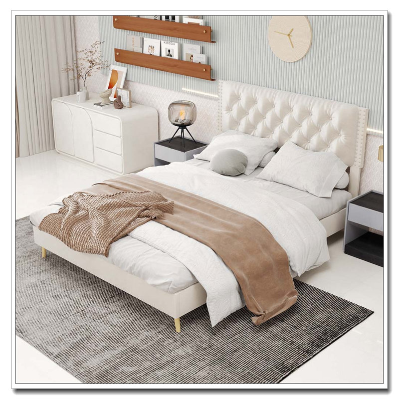 Structure de lit en velours, Beige, Grand lit