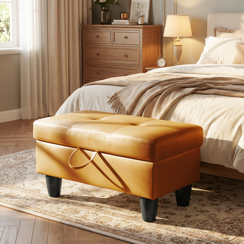 Rectangular Storage Ottoman Bench With Hinged Lid, Faux Leather Footrest For Living Room, Bedroom, Entryway, Orange, 28.5"X19"X17.5"