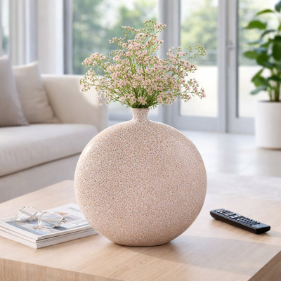 Modern Earthenware Round Flat Table Vase with Speckled Design for Home Decor - Artistic Tall Flower Vase for Living Room or Bathroom Display - Cream