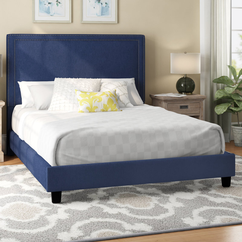 Lit plateforme tapissier Sexton, Double, Bleu