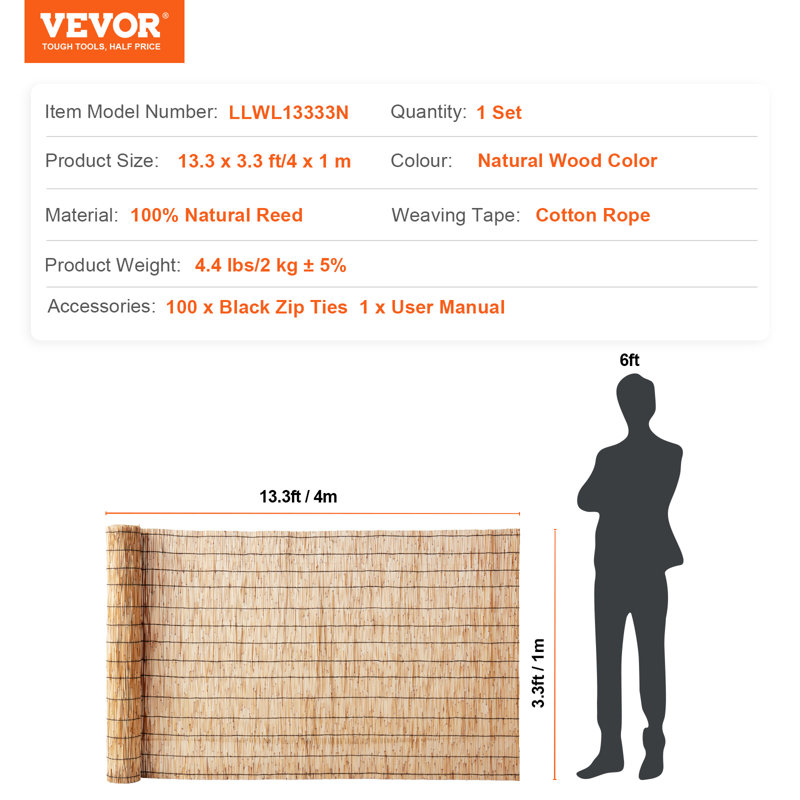 Pare-étincelles pour clôture intime VEVOR Reed, 13,3 pi x 3,3 pi, Brun orangé