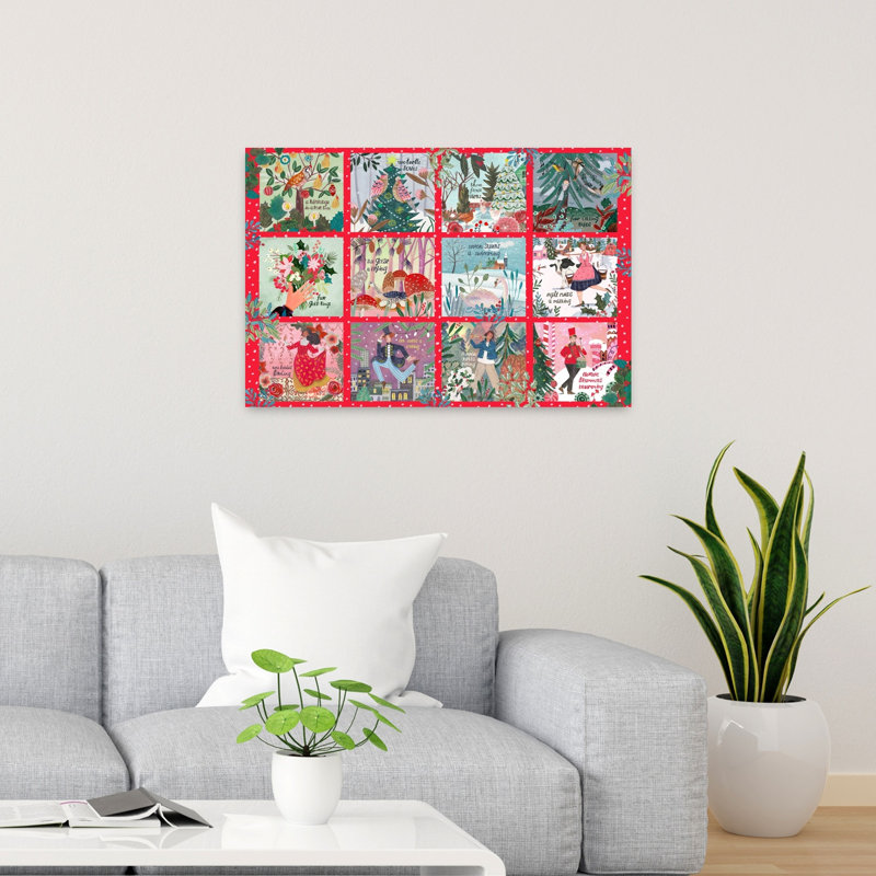 12 Days Of Christmas Carol Classic Colorful Traditional Christmas Tree Bird Turtle Nature Winter Wall Art Print