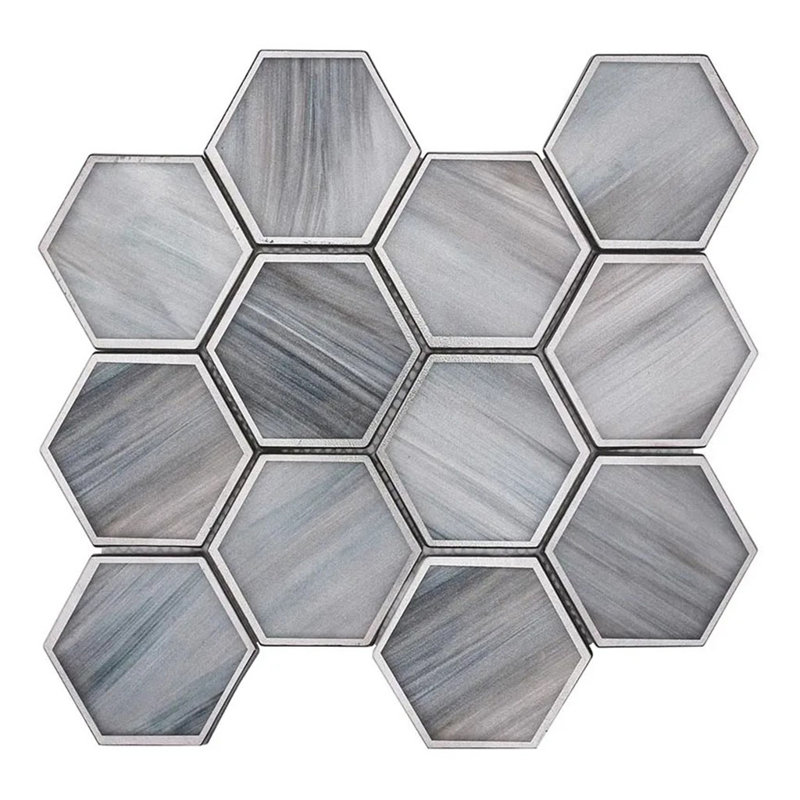 Solace 9 X 10 In. Matte Glass Mosaic Hexagon Wall And Floor Tile (3.28 Sq Ft/Case) - 5 Pack, Silver Stormy Gray