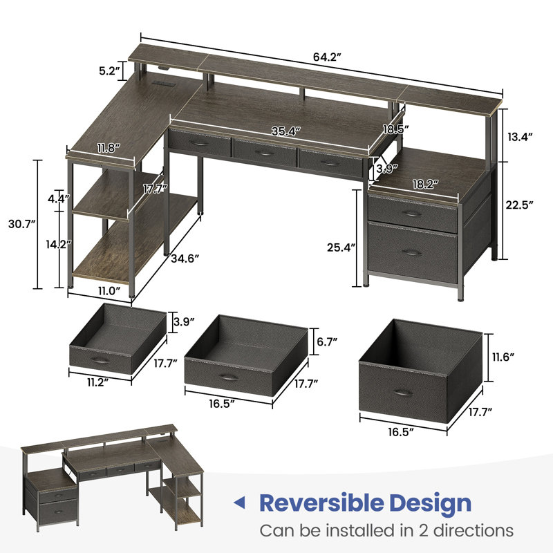 L Shaped Desk with File Drawer and Monitor Stand, Home Office Desk with Power Outlets & LED Lights, Gray