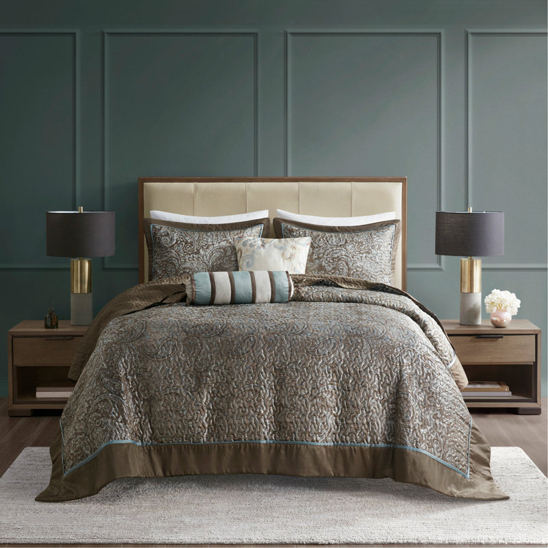Ensemble de couvre-lit grand classique en jacquard réversible avec coussins décoratifs pour grand lit, bleu et brun