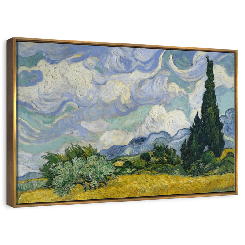 Peinture champ de blé avec cyprès, Cadre flottant doré, 25 po x 17 po