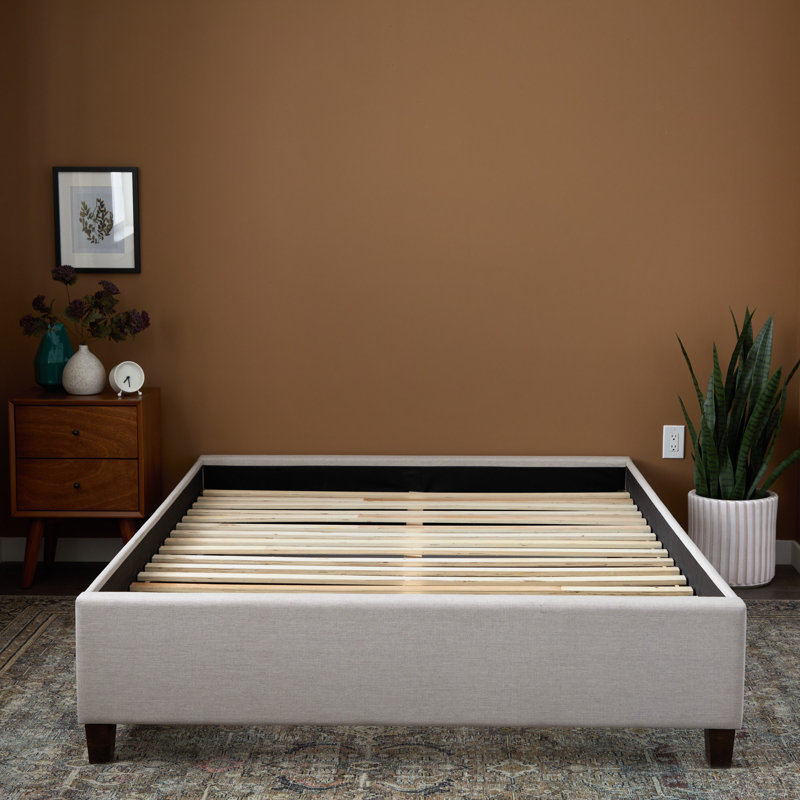 Upholstered Platform Bed Base with Wood Slats, Queen, Oatmeal, Oatmeal, Queen