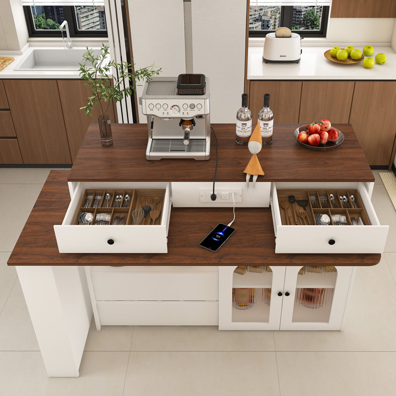  Îlot de cuisine avec table tournante extensible, station de repas mobile avec rangement et prise de courant intégrée, noyer