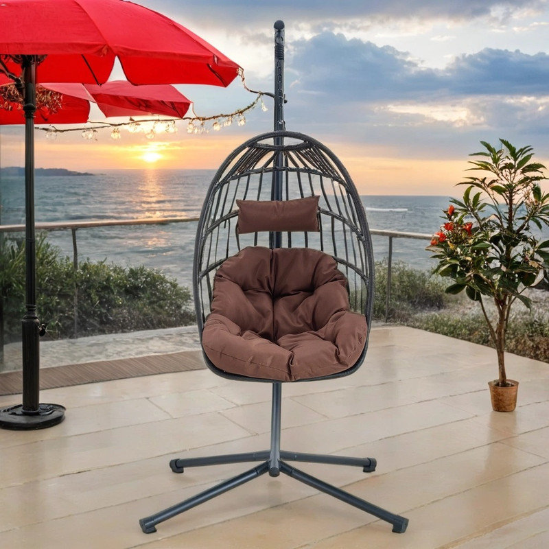 Fauteuil à œufs suspendu intérieur / extérieur avec coussins, balançoire en rotin PE toutes saisons avec support, Brun, Noir