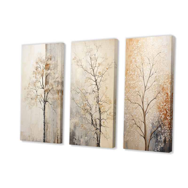 «Beige Trees Oak Solitude», ensemble de 3 reproductions d'art mural, H 28 po x l 36 po, Toile tendue
