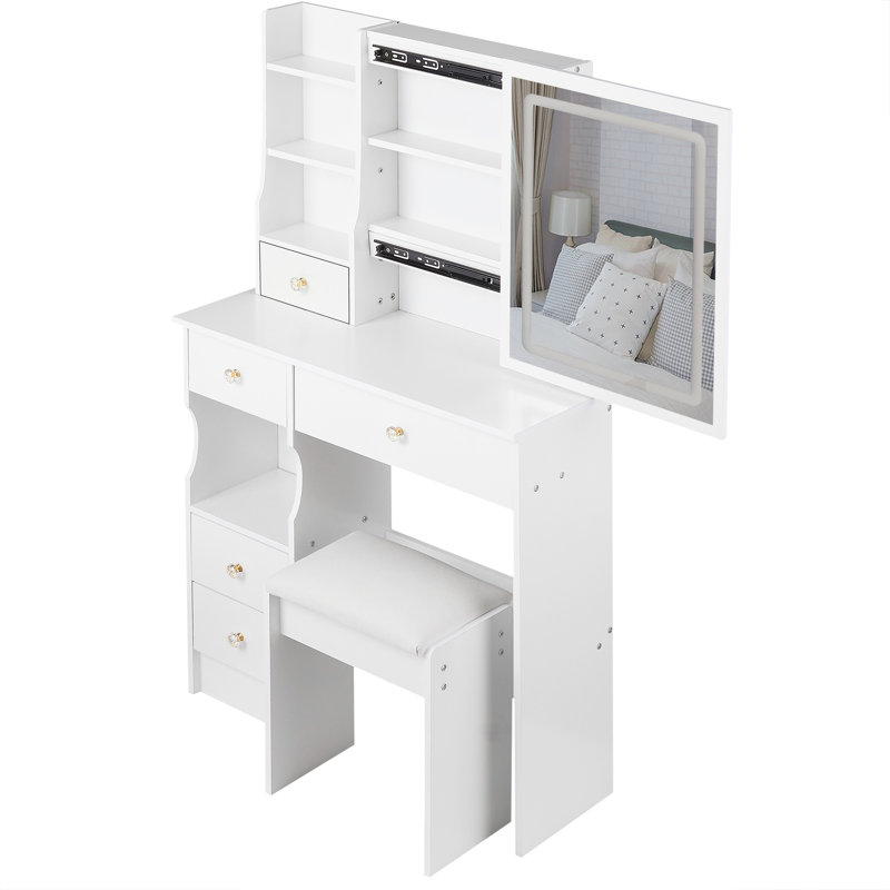 Petit meuble-lavabo de 29,2 po avec tabouret de bureau et tabouret rembourré à gauche 29,5 po, grande commande tactile, interrupteur tricolore, miroir à luminosité réglable, rangement à grande capacité, convient aux petits espaces