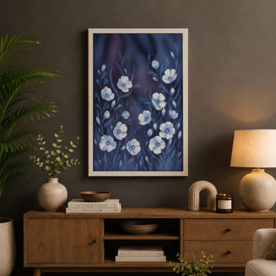 White Blooms in Blue Botanical - Wrapped Canvas