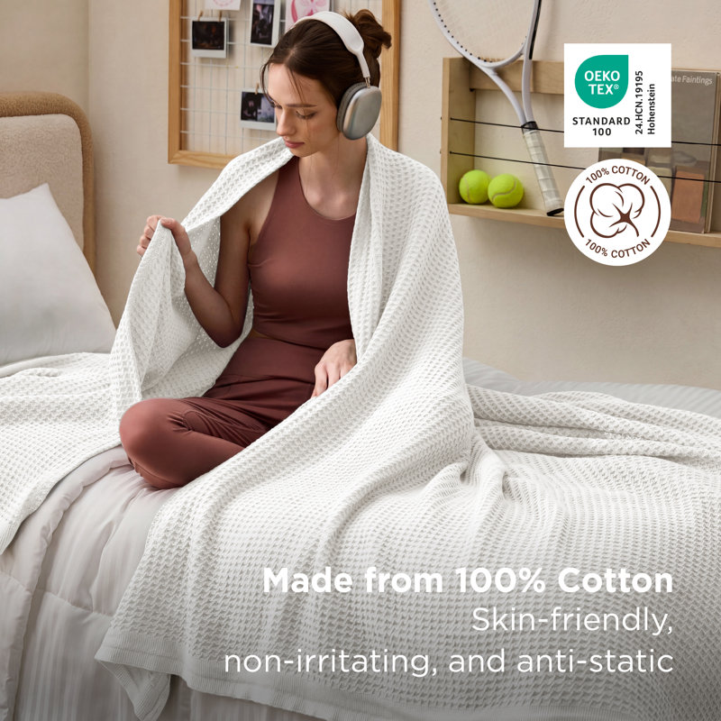 Bedsure 406gsm 100% Cotton Blanket Breathable Waffle Weave Throw Blanket GentleSoft™️, White, Queen