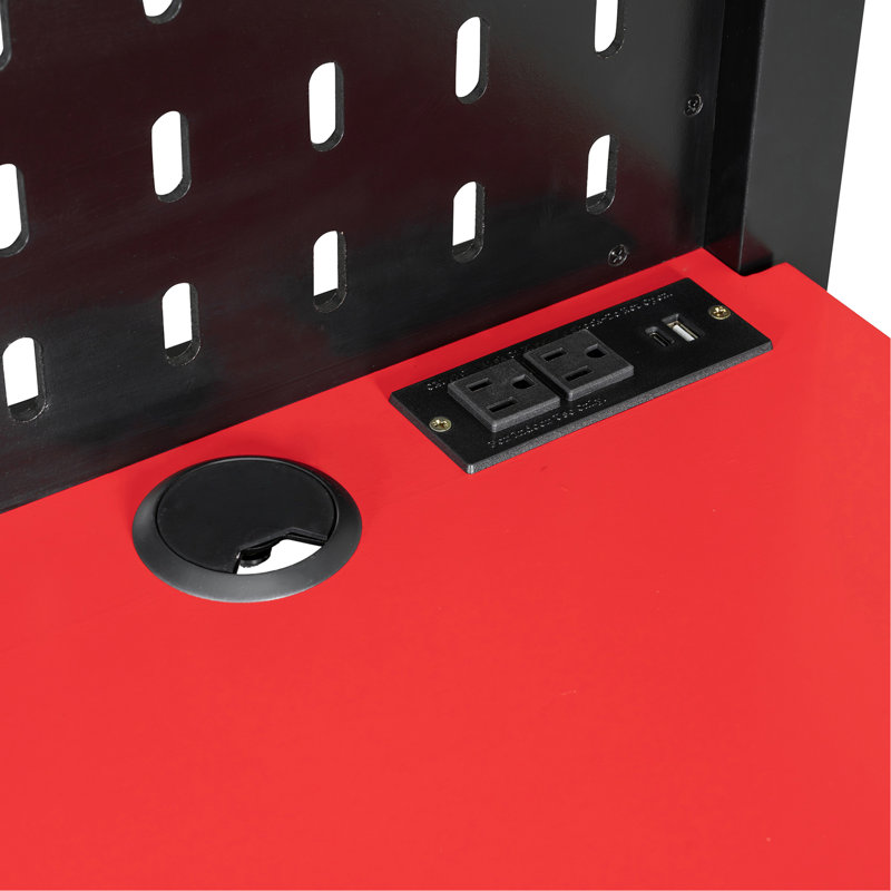 Lit mezzanine double en bois avec bureau, tablettes, lumières DEL, ports USB et panneau perforé, noir et rouge, Noir / Rouge