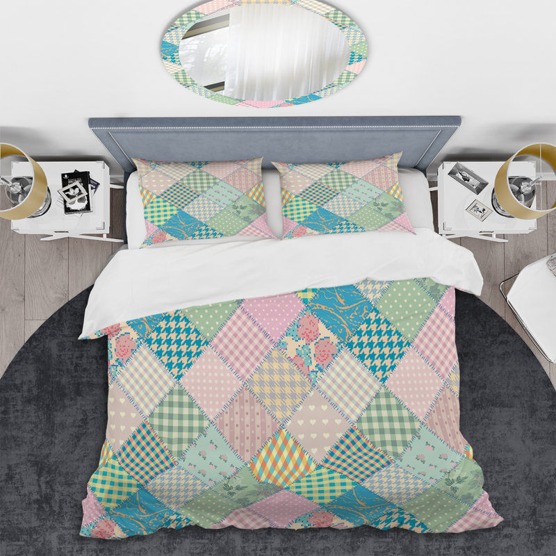 Multicolore matelassé patchwork I - ensemble de housse de couette abstrait - microfibre de polyester