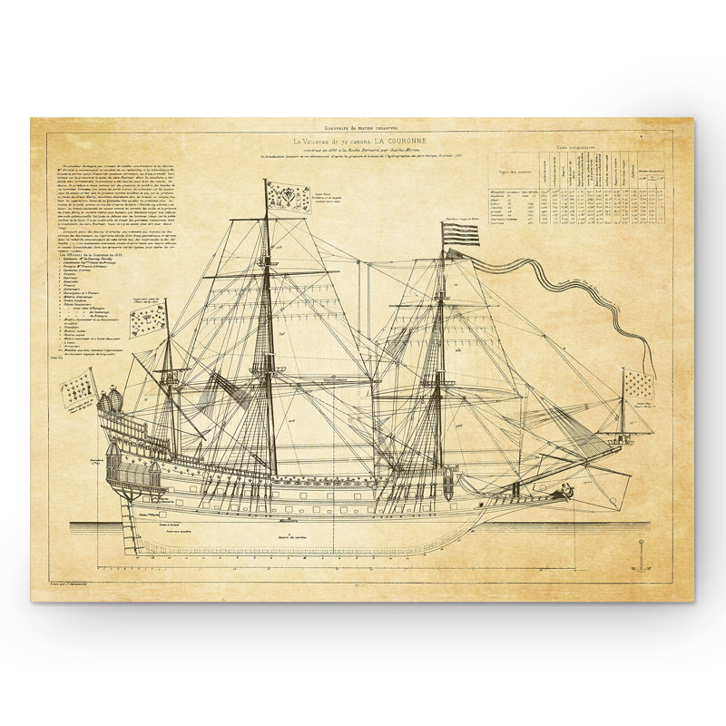 Vintage Beige Sailing Ship Sketch Canvas Wall Art