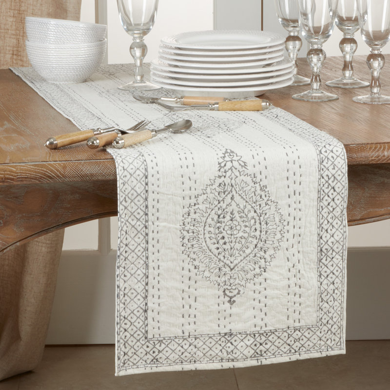 Gray Cotton Kantha Stitch Block Print Table Runner