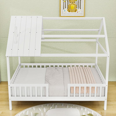 Full Wood House Bed With Fence-Style Guardrails