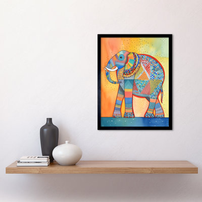 Elephant With Geometric Patterns Folk Art Watercolour Painting Art Print Framed Poster Wall Decor 12x16 inch